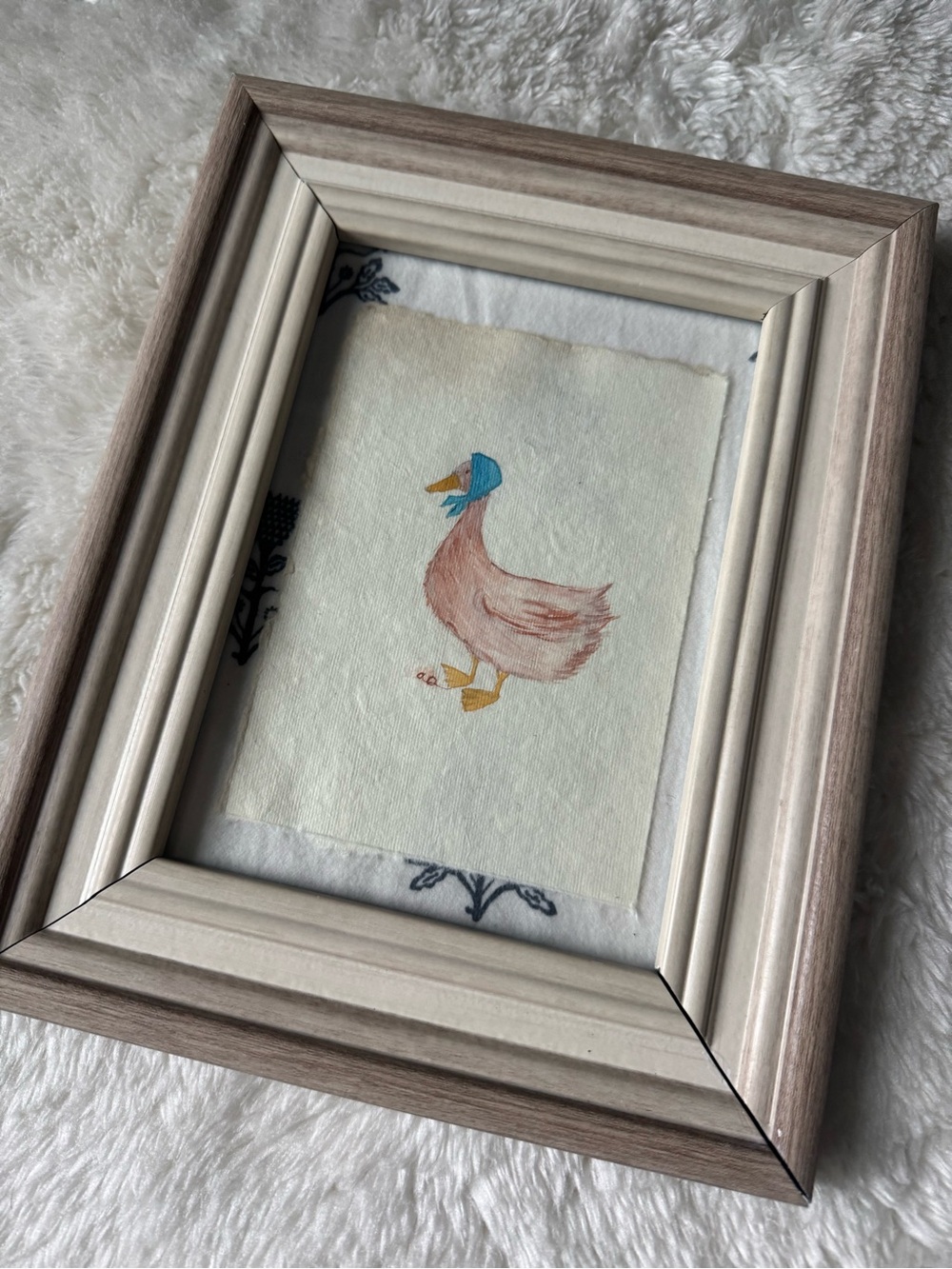 Hand-Painted Duck Illustration Wall Art - Beige & Blue